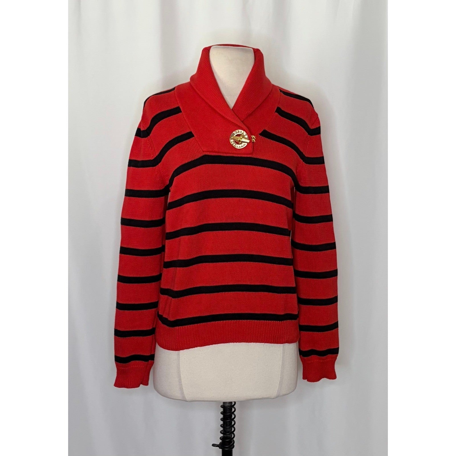 Lauren RALPH LAUREN Red Navy Blue Stripe Shawl Collar Sweater Knit Medium
