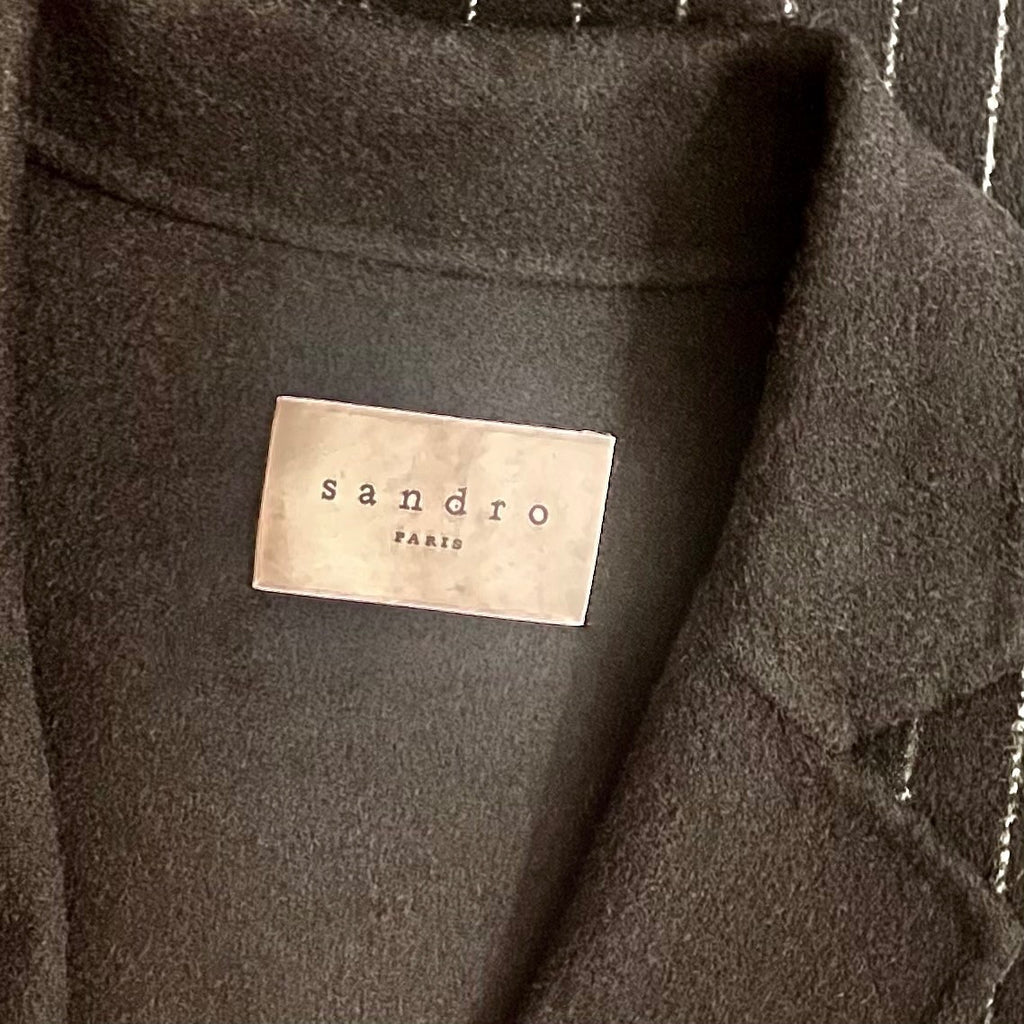 SANDRO Paris Felted Wool Long Coat Black Gray Pinstripe Stripe Size 1 / US 4