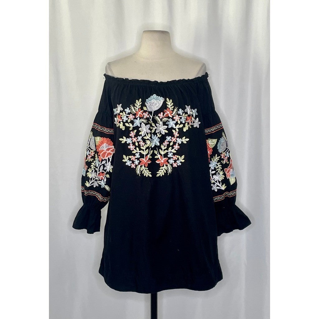 FREE PEOPLE Fleur Du Jour Mini Dress Black Floral Embroidered Off Shoulder Small