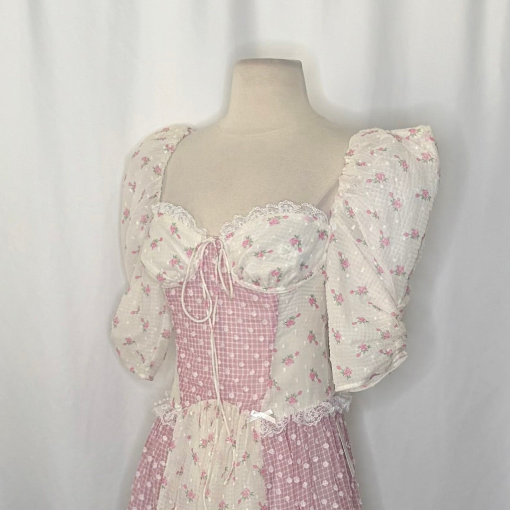 NWT!! FOR LOVE & LEMONS Francine Floral Patchwork Mini Dress Lace Coquette XS