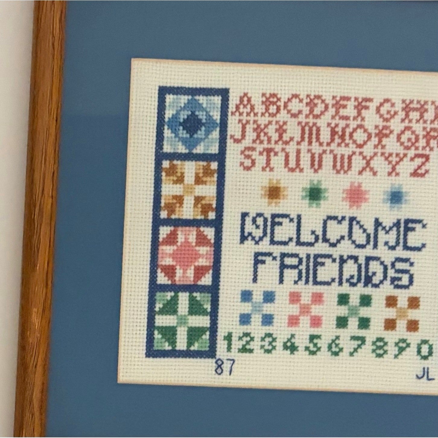 VINTAGE Framed Crossstitch Sampler Quilt Blocks Alphabet Numbers 80's 1987