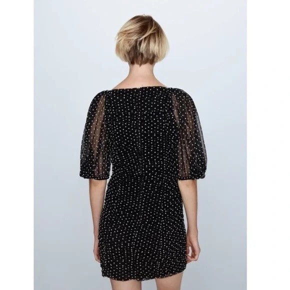 ZARA Chiffon Black Polka Dot Ruched Mini Dress Black Gray Party Blogger Small