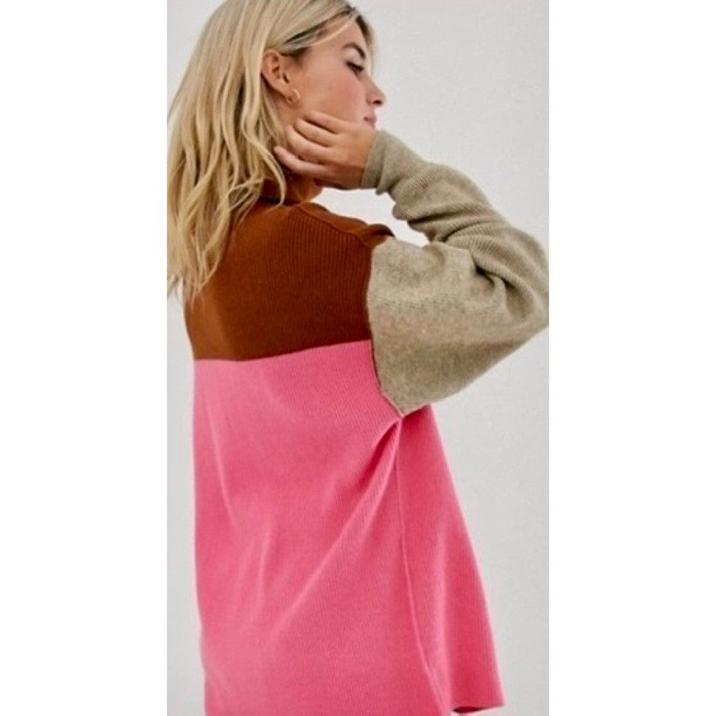 FREE PEOPLE Softly Structured Colorblock Sweater Turtleneck Candy Pop Medium