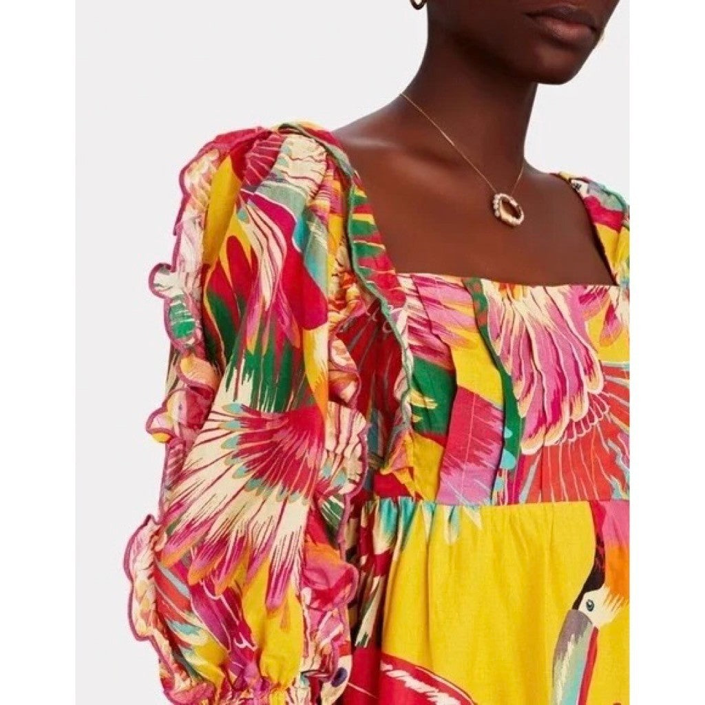 FARM RIO Colorful Toucans Scallops Midi Dress Birds Vacation Embroidered X-Large