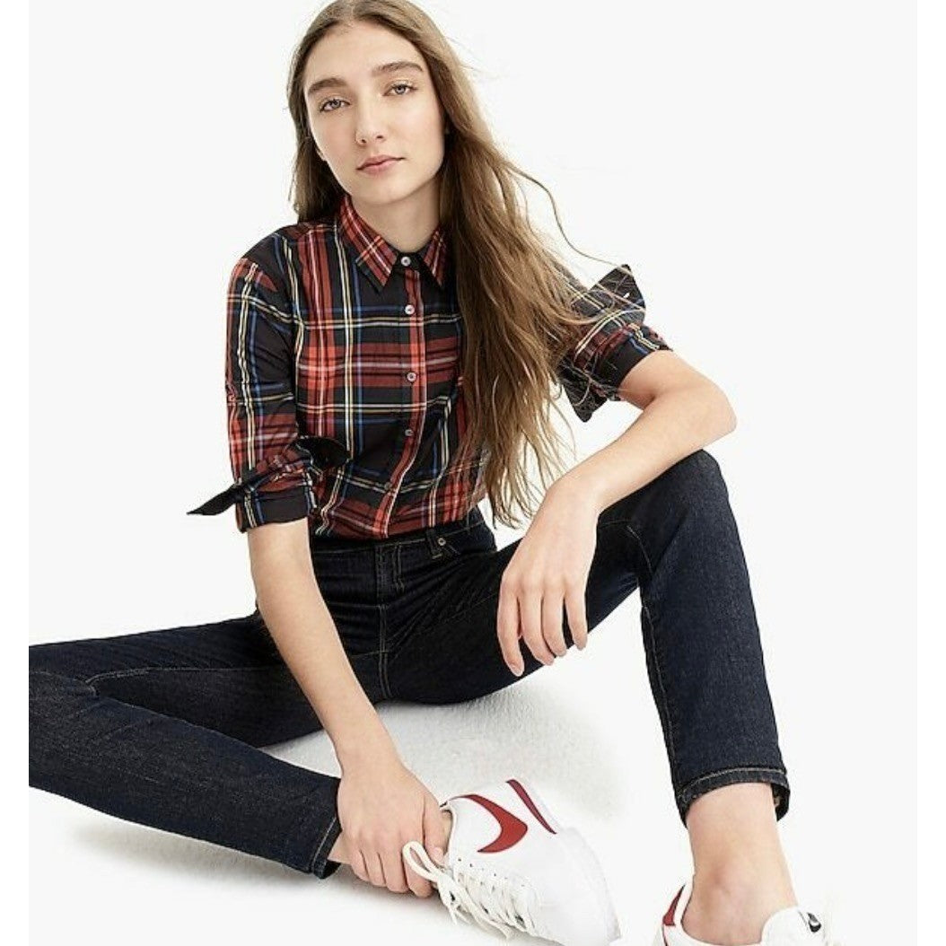 J. CREW Slim Stretch Perfect Shirt Top Black Stewart Tartan Plaid Buttons Size 4