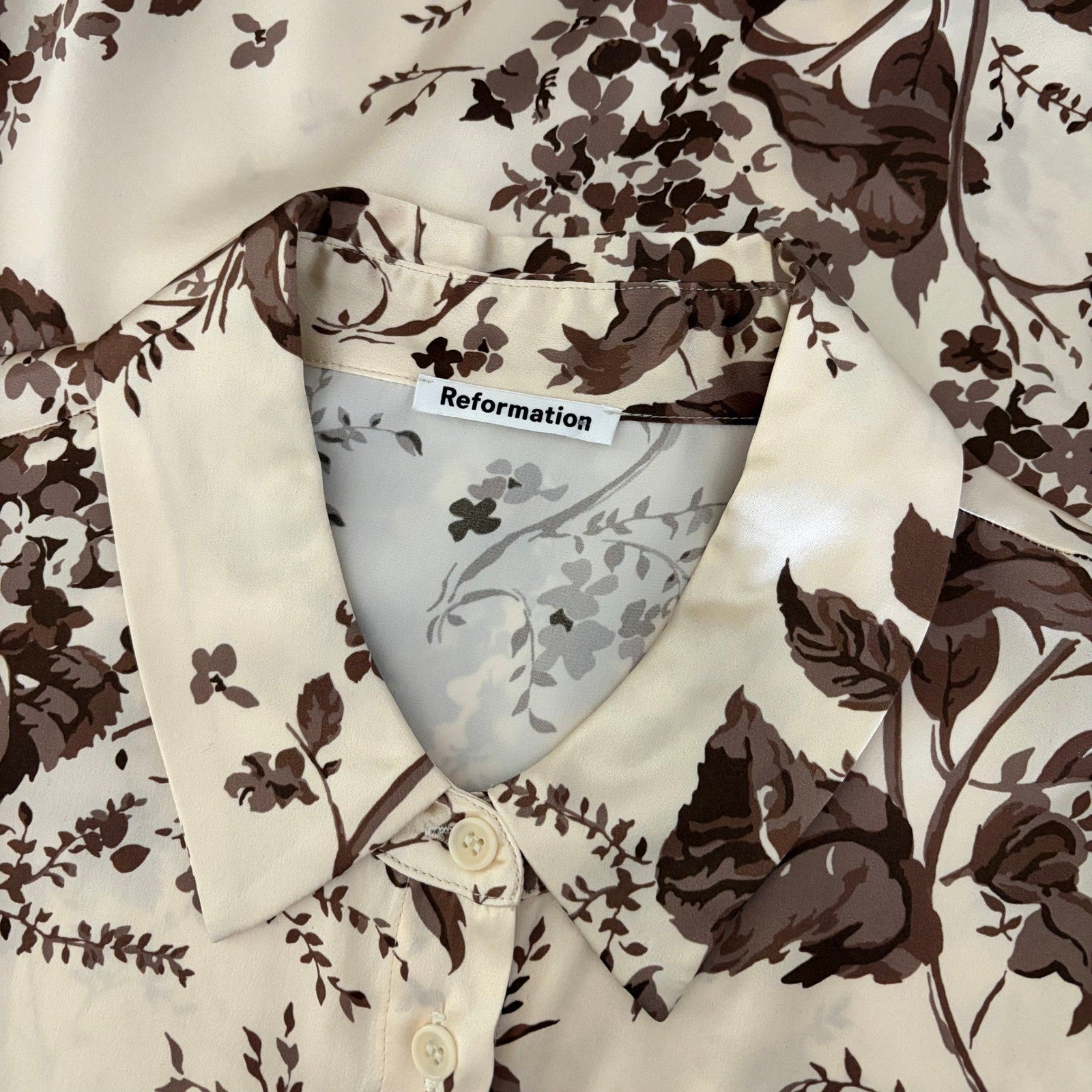 REFORMATION Silk Floral Print Blouse Top Buttondown Cream Brown Chic Large