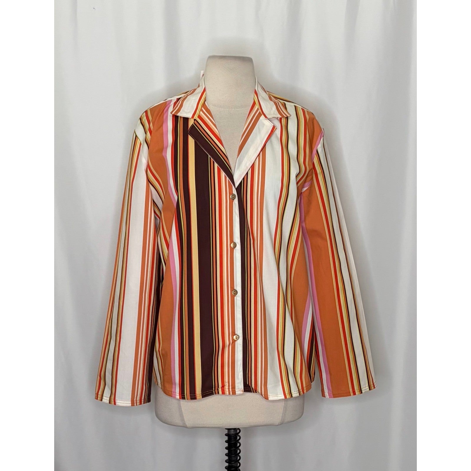 NWT!! ZARA Colorful Striped Buttondown Shirt Top Cotton Notch Collar Small