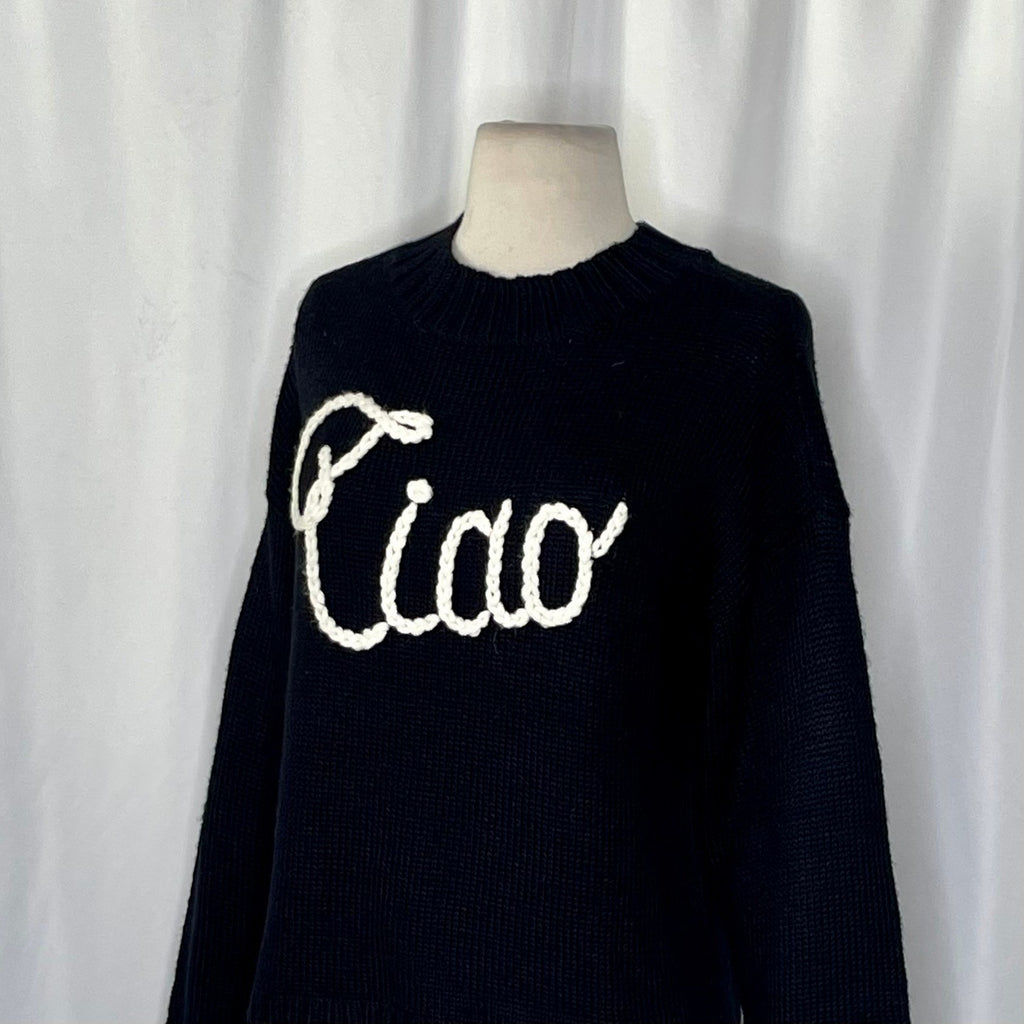 WILDFOX Couture Dinner Party Ciao Bella Black White Embroidered Sweater Small