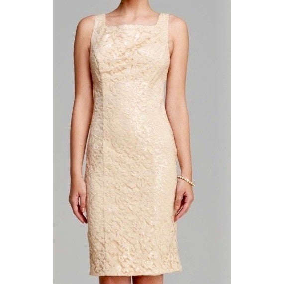 SUE WONG Nocturne Champagne Sequin Sleeveless Party Cocktail Sheath Dress Size 4