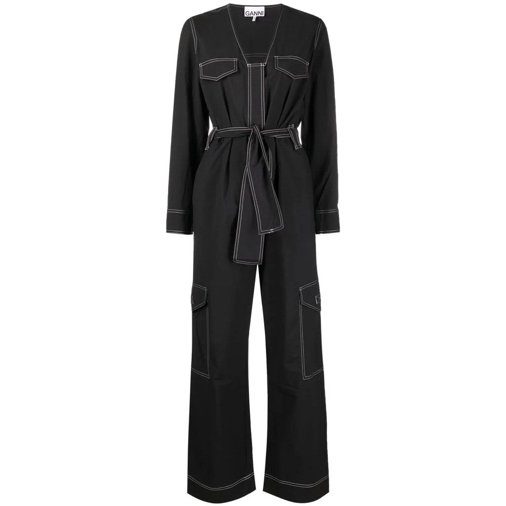 NWT!! GANNI Belted Contrast-Stitch Jumpsuit Black Cargo Pockets Organic Cotton 8