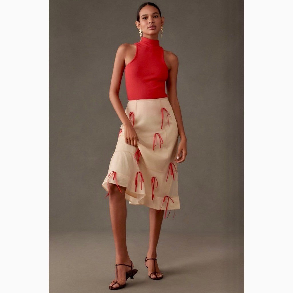Anthropologie MAEVE Ribbon Pencil Midi Skirt Tulle Ivory Red Coquette 12 Petite