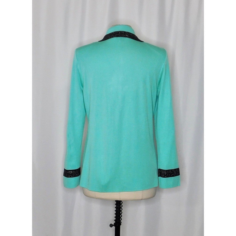 MING WANG Seafoam Green Black Studded Embellished Cardigan Sweater Medium