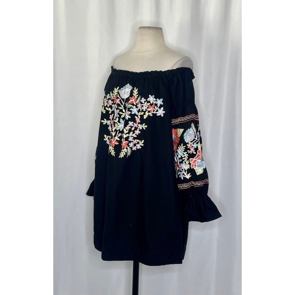 FREE PEOPLE Fleur Du Jour Mini Dress Black Floral Embroidered Off Shoulder Small