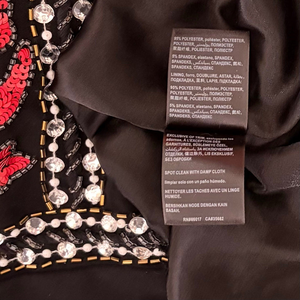 BEBE Black Beaded Sequin Crepe Dress Balmain Bodycon Mini Glam Floral Party 4