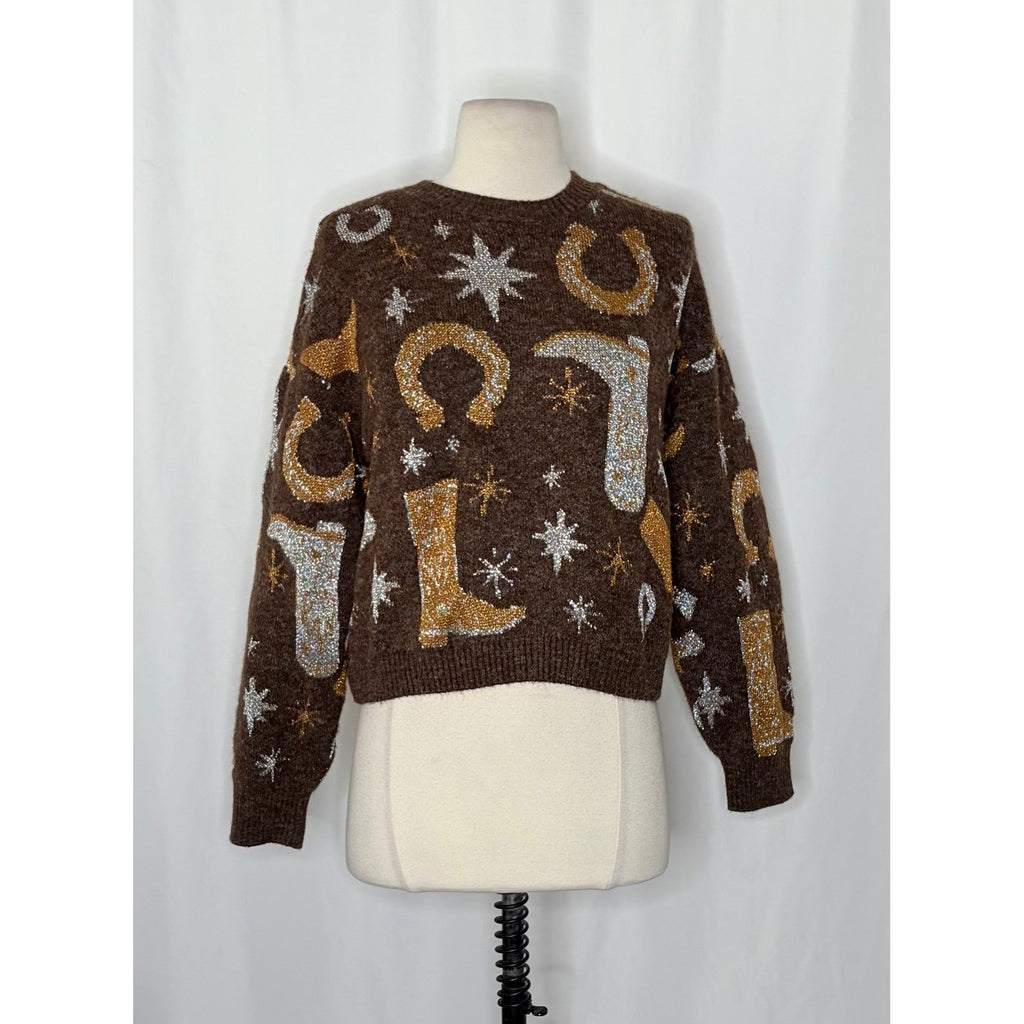 ZARA Western Cosmic Cowboy Boots Stars Jacquard Sweater Metallic Crewneck Small