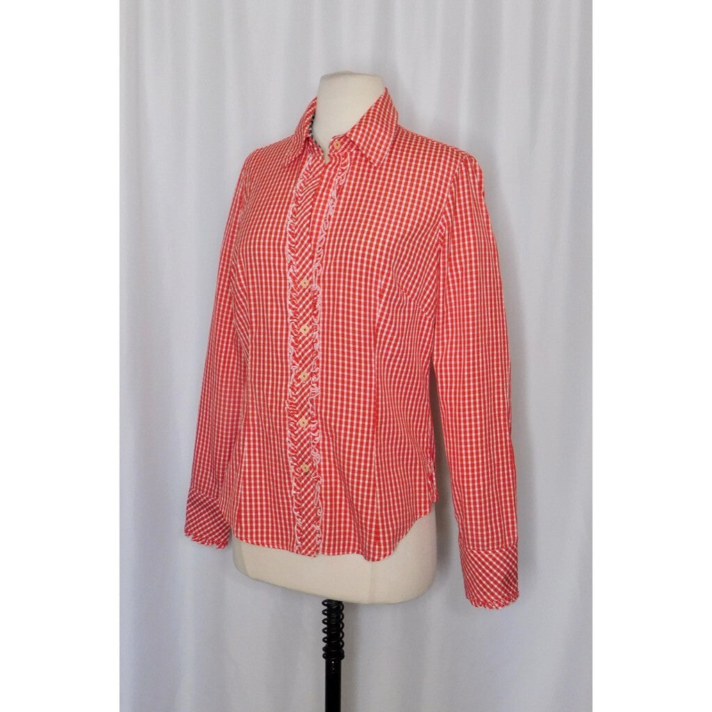 LILLY PULITZER Red White Blue Gingham Plaid Ruffled Buttondown Top Blouse Size 6