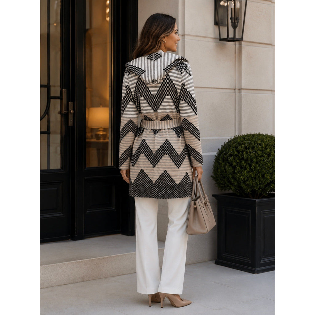 Anthropologie FIELD FLOWER Chevron Stripe Belted Wool Sweater Coat Hood X-Small