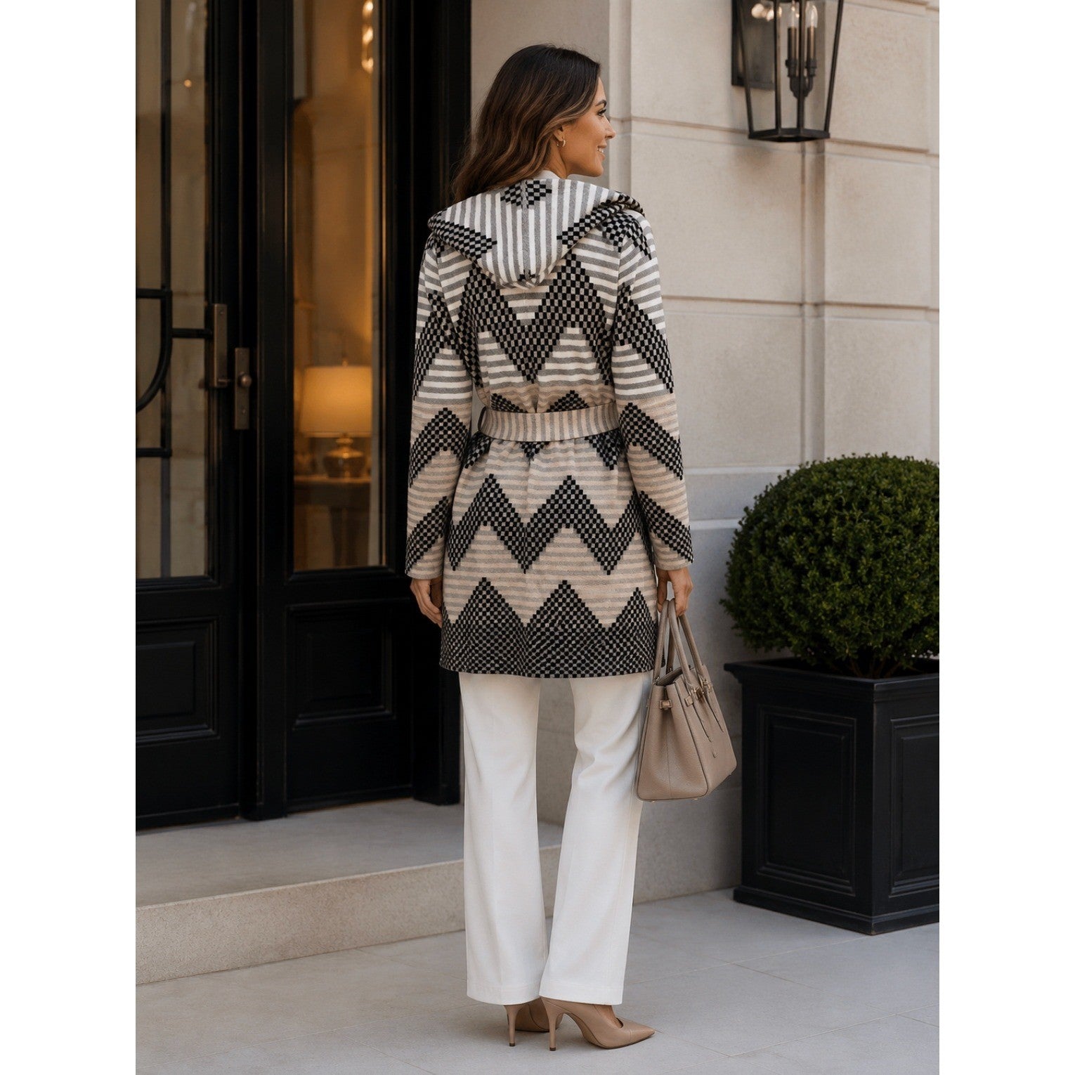 Anthropologie FIELD FLOWER Chevron Stripe Belted Wool Sweater Coat Hood X-Small