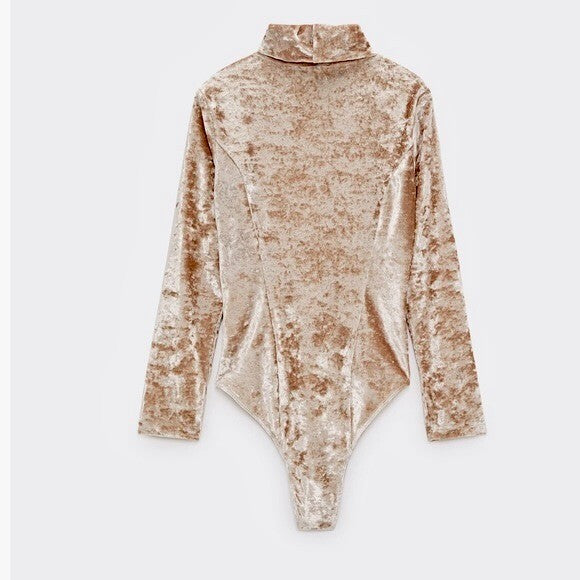 ZARA Velvet High Neck Bodysuit Top Champagne Ecru Fitted Snaps Party X-Small
