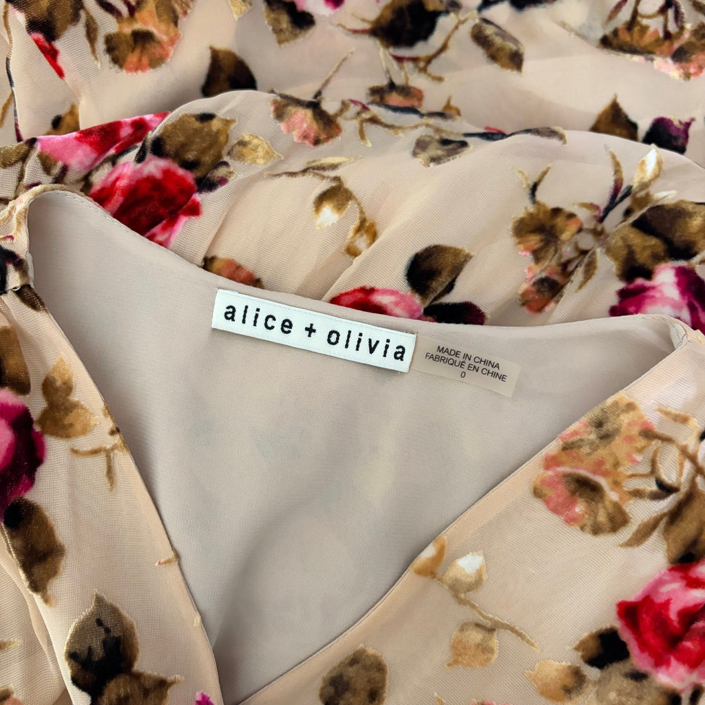 ALICE + OLIVIA Clarine Floral Velvet Burnout Faux Wrap Midi Dress Size 0
