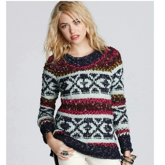 FREE PEOPLE Silver Reed Chunky Knit Fairisle Fair Isle Sweater Wool Linen Small