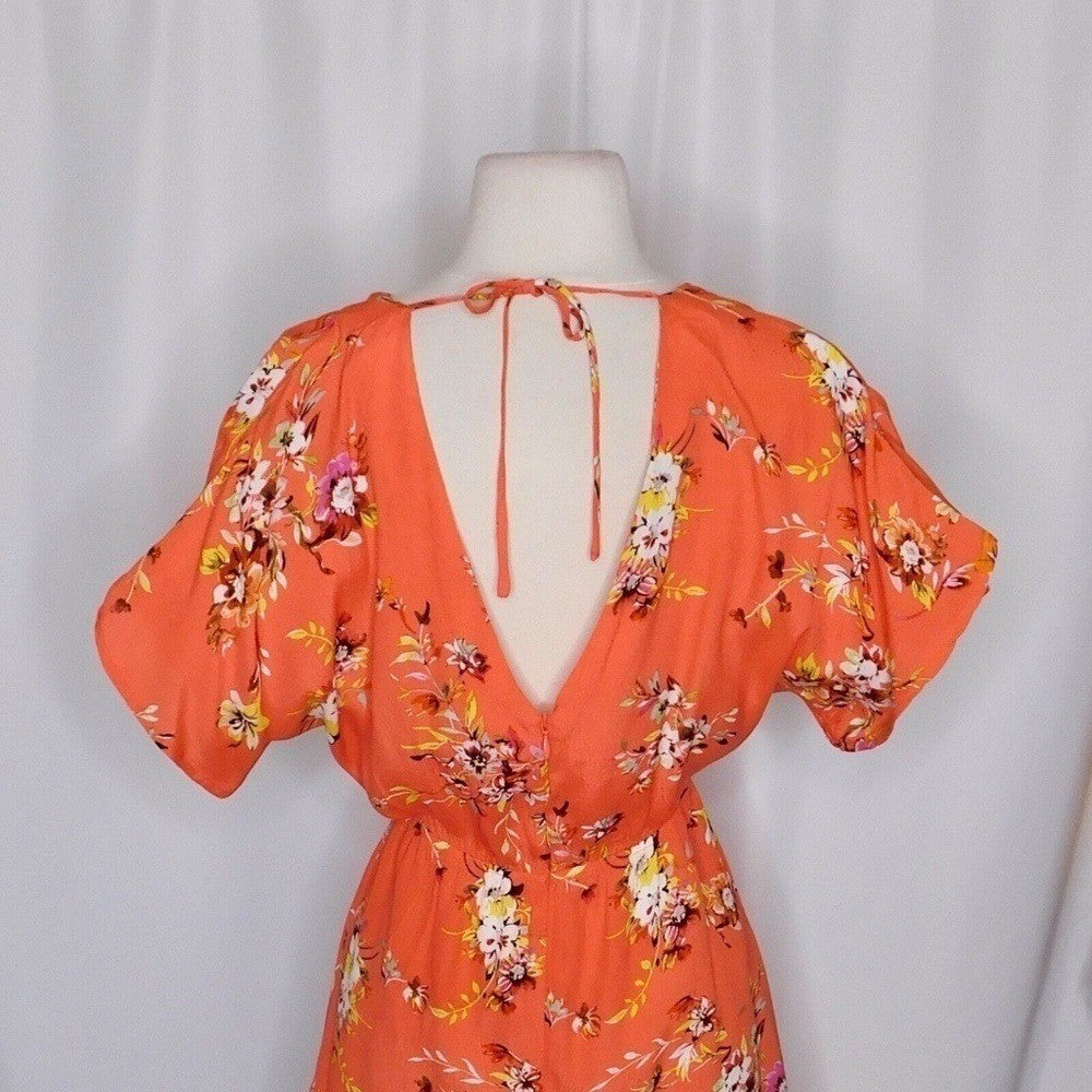 OBEY Pinot Floral Mini Dress Dolman Surplice Coral Pink Orange Boho X-Small