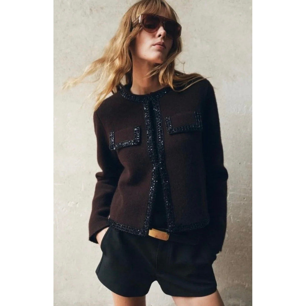 ZARA Wool Beaded Cardigan Sweater Knitwear Embellished Cropped Solid X-Large