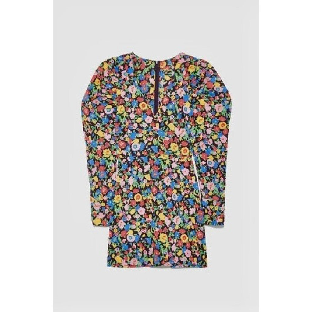 ZARA Bright Floral Mini Dress Statement Puffed Sleeves Spring Summer Black Small