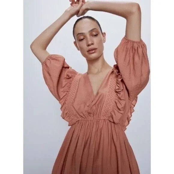 NWT!! ZARA Marsala Guipure Lace Ruffled Mini Dress Blogger Favorite Medium