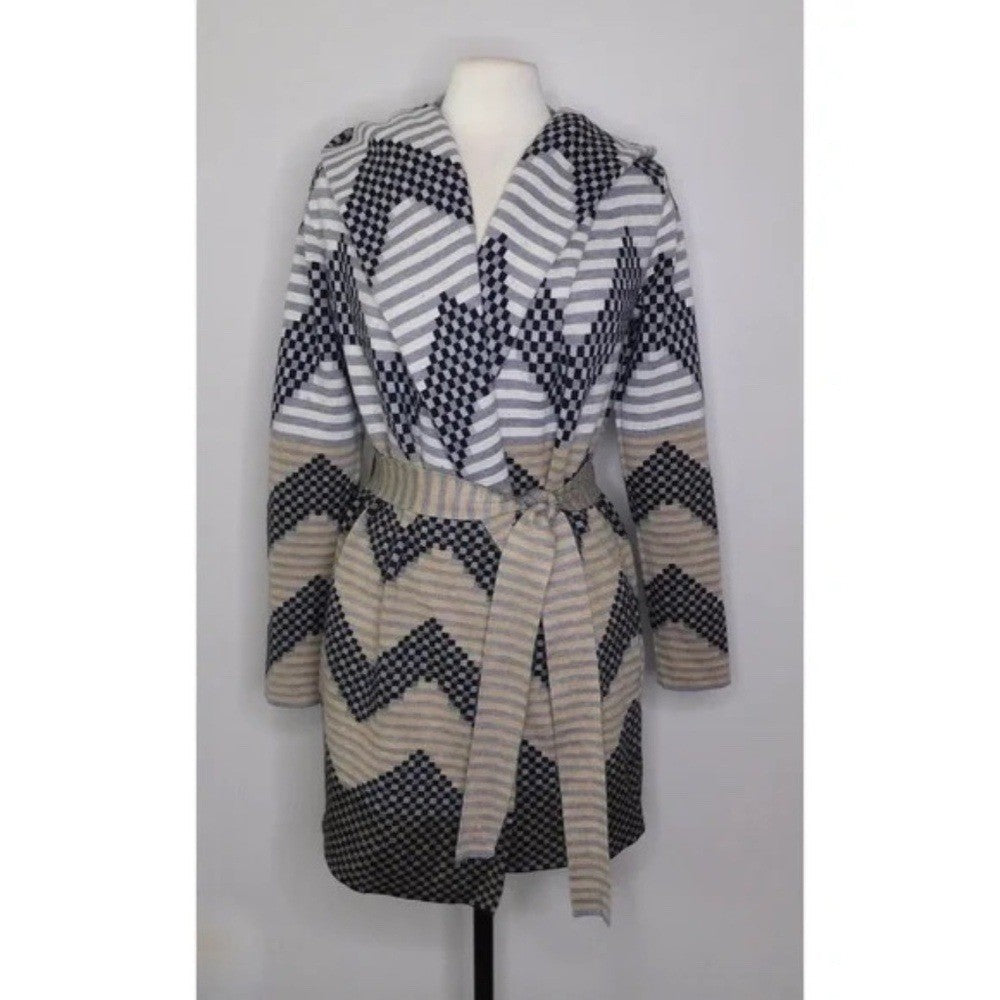 Anthropologie FIELD FLOWER Chevron Stripe Belted Wool Sweater Coat Hood X-Small