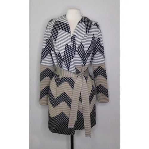 Anthropologie FIELD FLOWER Chevron Stripe Belted Wool Sweater Coat Hood X-Small