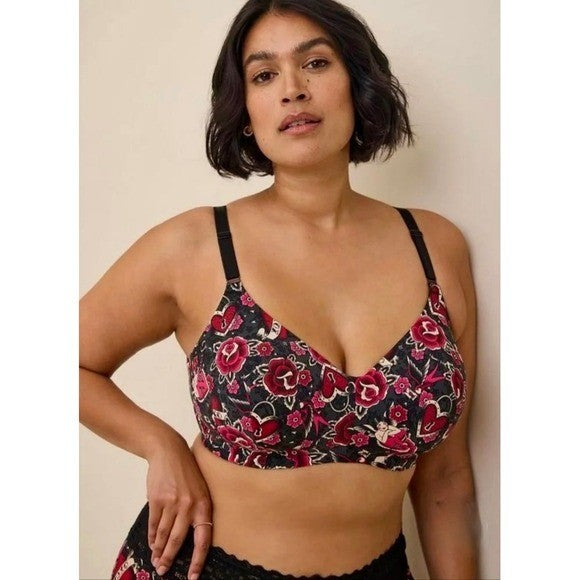 TORRID Curve Dream Tattoo Valentine Floral Hearts Black Wire-Free Bra Size 40H