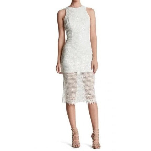 DRESS THE POPULATION Alina Sequin Crochet Lace Midi Dress Bridal White Small