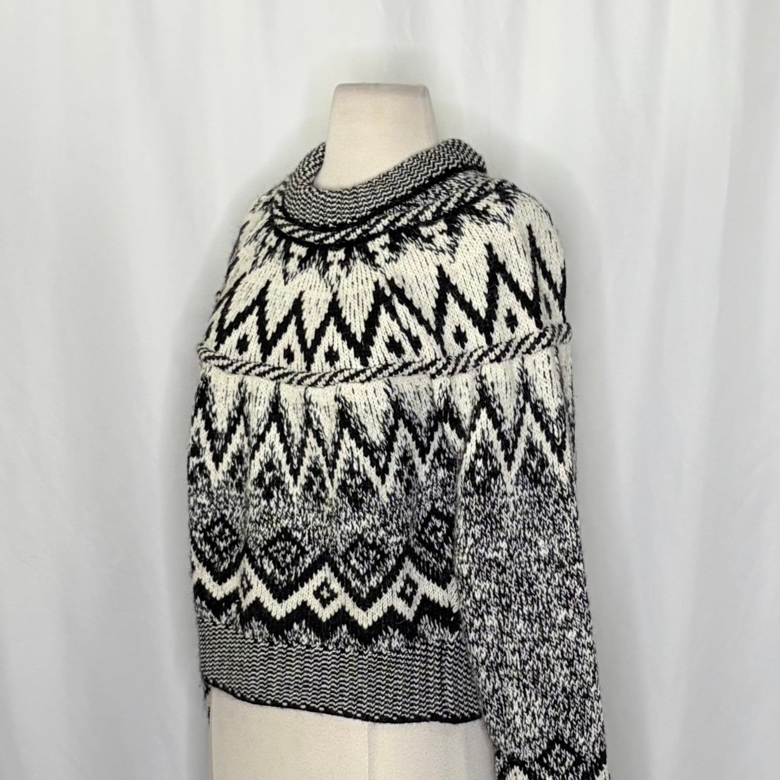 ZARA Nordic Fairisle Jacquard Sweater Black White Fair Isle Knit Pullover Medium