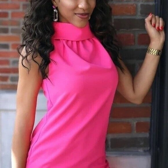 SAIL TO SABLE Hydra Hot Pink Cowl Portrait Neck Shift Dress Barbiecore Medium