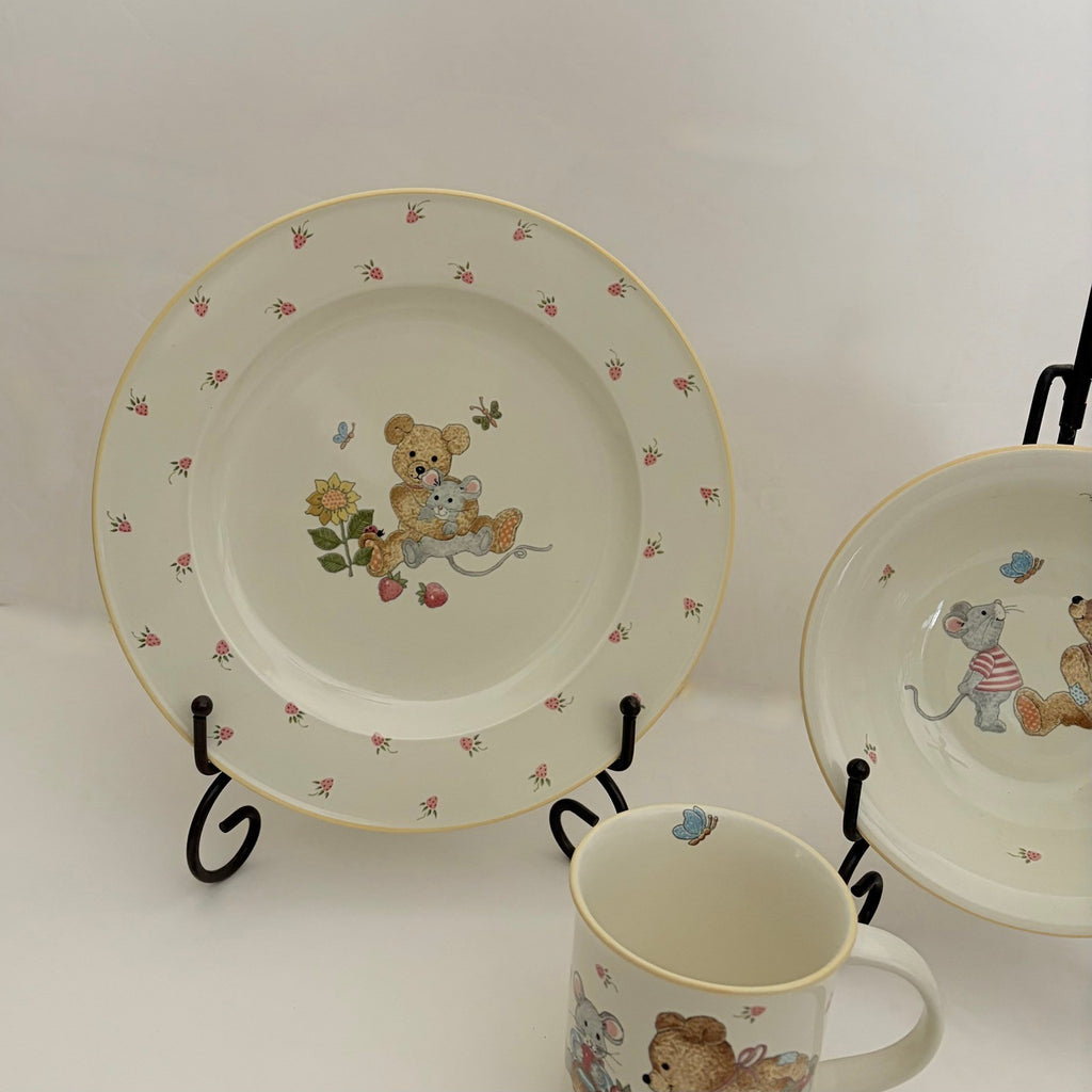 Vintage MIKASA Teddy Bear Plate Bowl Mug Set Strawberry Fruit Mouse Floral