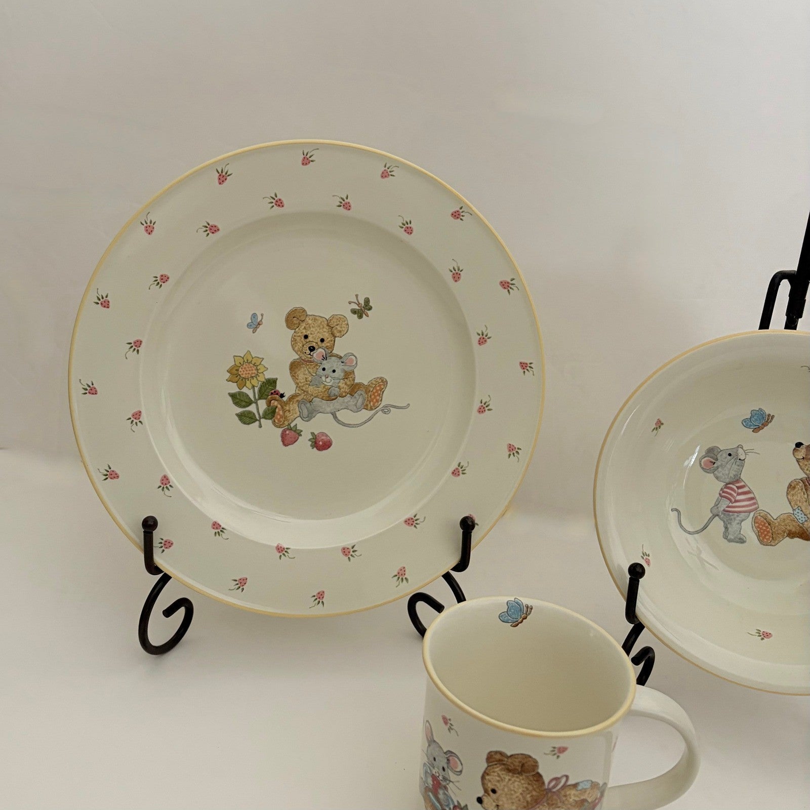 Vintage MIKASA Teddy Bear Plate Bowl Mug Set Strawberry Fruit Mouse Floral