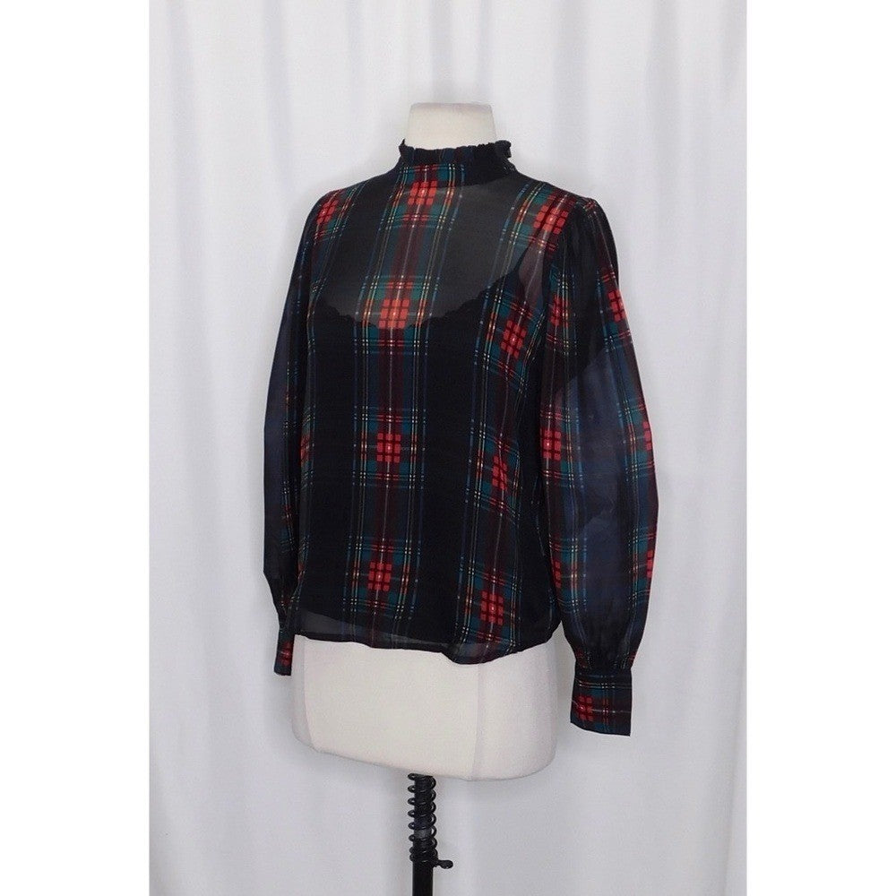NWT! J. CREW Ruffleneck Top Stewart Tartan Plaid Chiffon Festive Preppy XX-Small