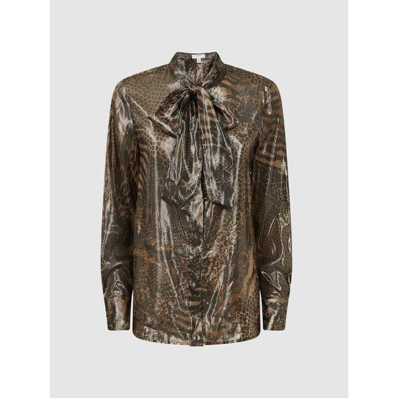 REISS Kendall Metallic Animal Print Tie Neck Blouse Gold Buttondown Size 8