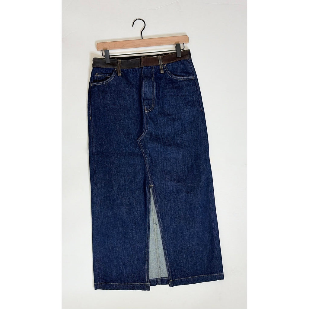 ZARA ZW Collection Denim Midi Skirt Contrast Suede Waistline Blue Pockets Small