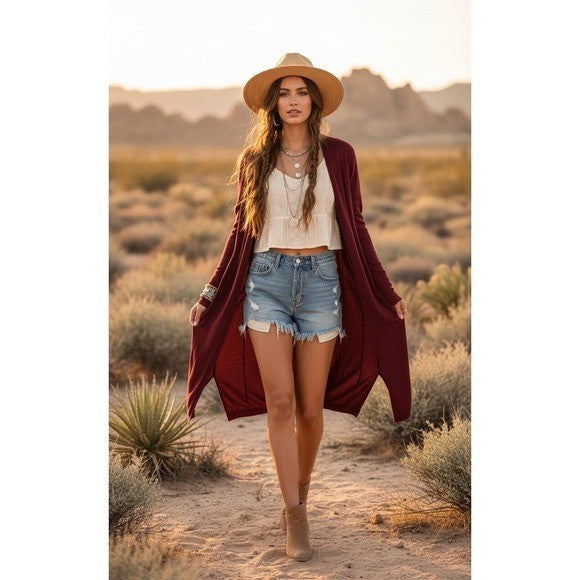 By ANTHROPOLOGIE Pointelle Long Cardigan Sweater Purple Burgundy Cottage Medium