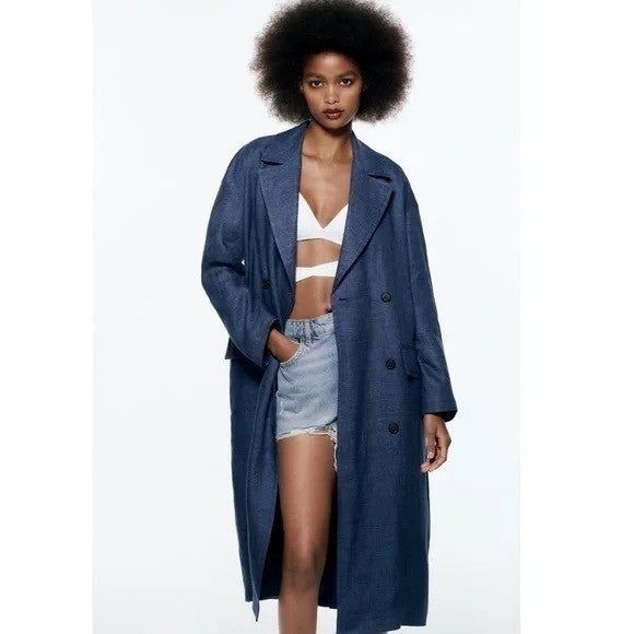ZARA Limited Edition Linen Coat Buttons Pockets Double Breasted Blue X-Small