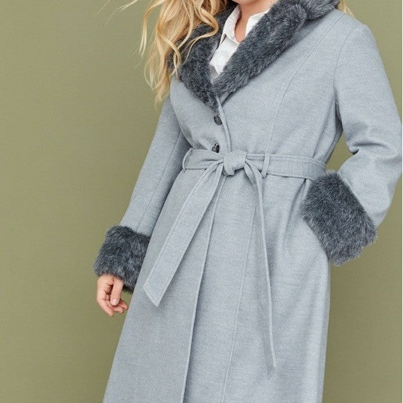 NWT!! LANE BRYANT Grey Belted Trench Coat Faux Fur Collar Cuffs Size 26 28