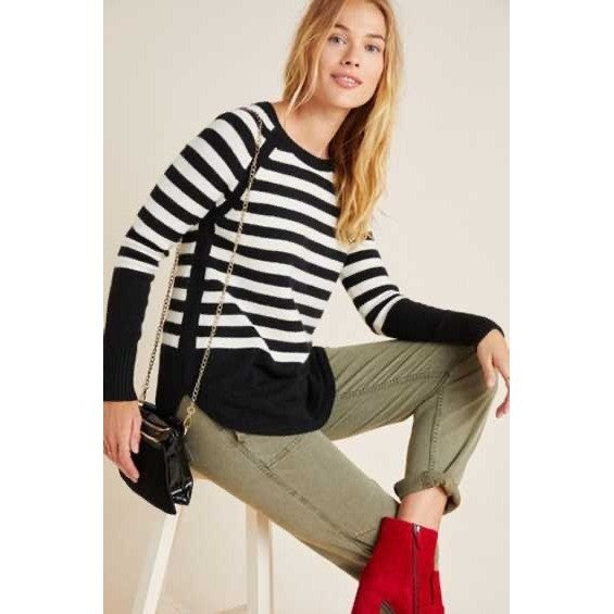 ANTHROPOLOGIE Rebekah Sweater Black White Stripe Tunic Pullover Knitwear Medium
