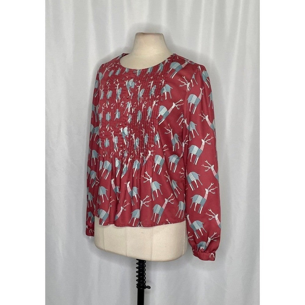 Anthropologie GEISHA DESIGNS Reindeer Deer Print Pleated Top Blouse Medium