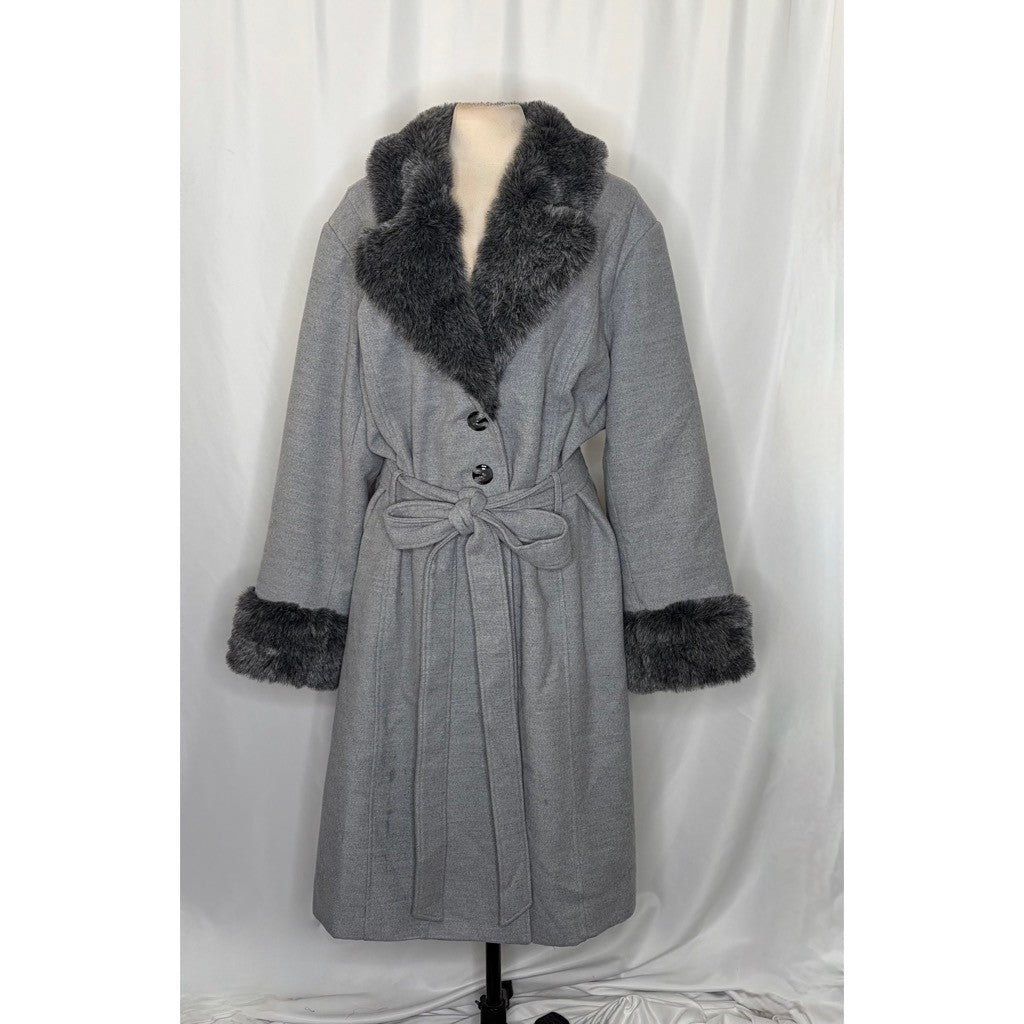 NWT!! LANE BRYANT Grey Belted Trench Coat Faux Fur Collar Cuffs Size 26 28