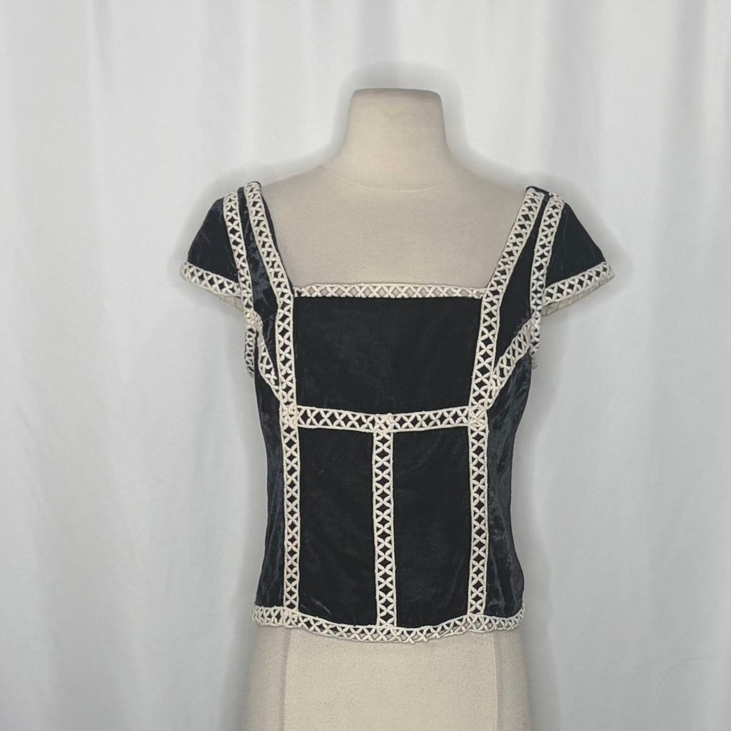 NWT!! FREE PEOPLE Tyler Velvet Corset Top Black Cream Embroidered Bohemian Small