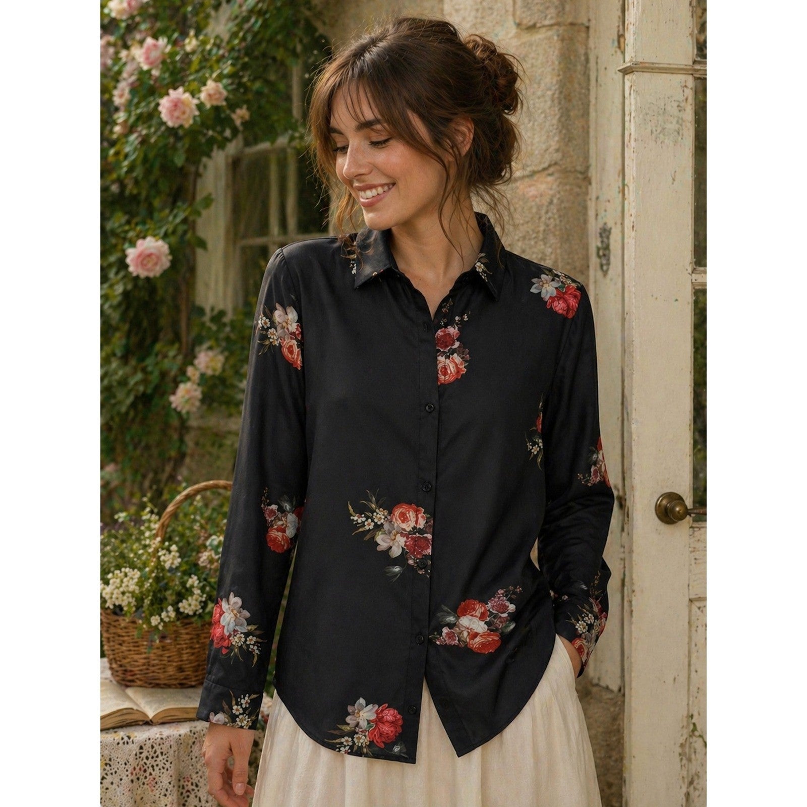 THE KOOPLES Silk Blend Black Floral Buttondown Top Blouse Button Down 0 / XS