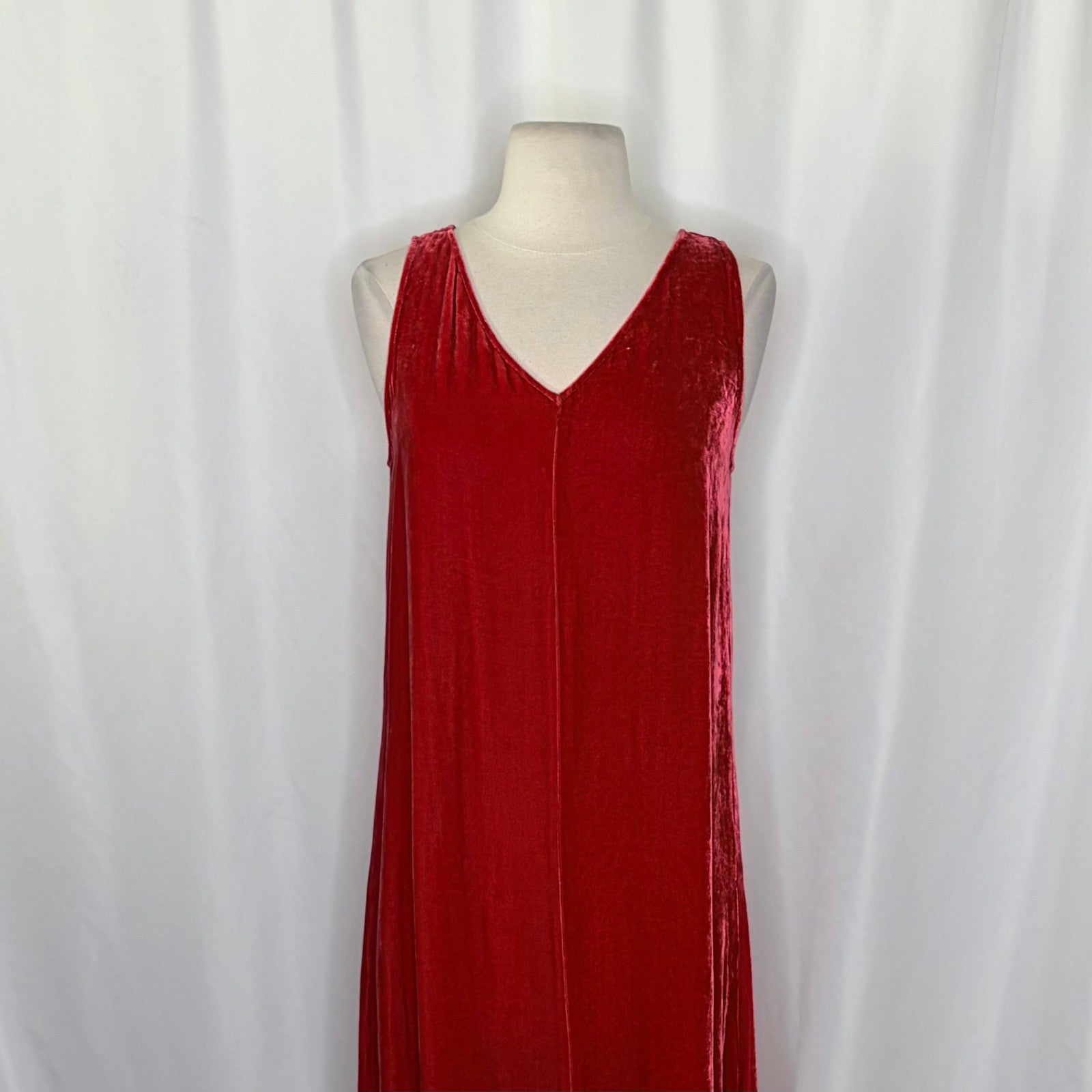 NWT!! EILEEN FISHER Red Scarlet Velvet Silk V Neck Midi Dress A-Line Preppy XXS