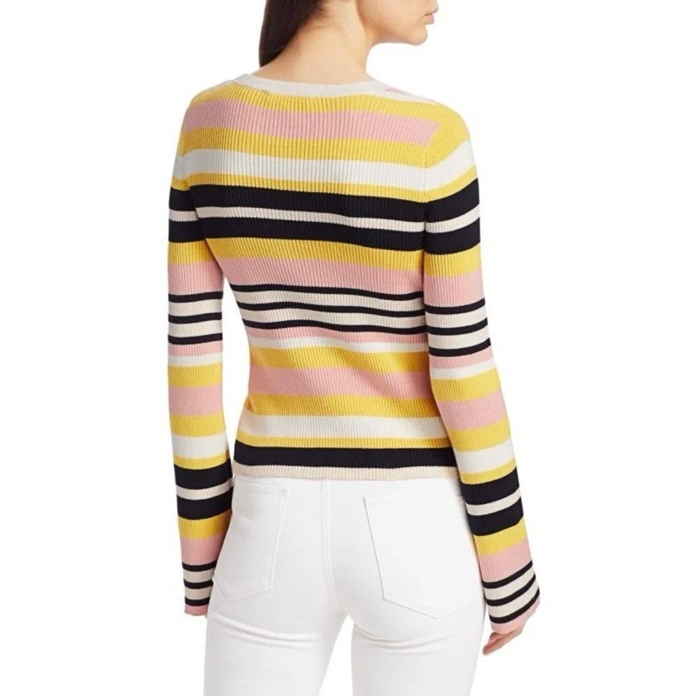 FRAME Denim Baja Citrine Stripe Sweater Cashmere Ribbed Knit Flare Sleeves Small